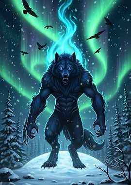 Werewolf in Winter with Aurora