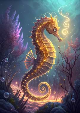 Glowing Seahorse in Underwater Scene