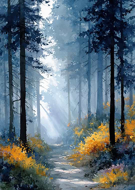 Watercolor Forest Path with Sunlight