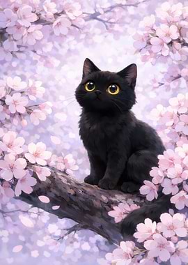 Black cat in cherry blossom tree