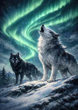 Wolves Howling Under Aurora Borealis