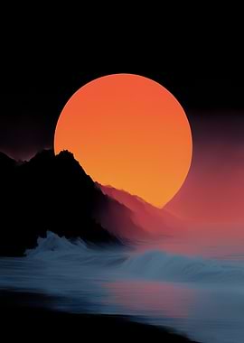 Orange Sun Over Dark Ocean Landscape