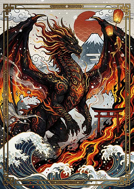 Japanese Dragon with Fire and Waves