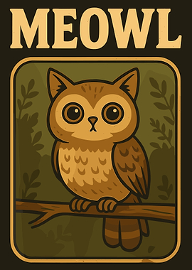 Meowl Owl Cat Poster, Cute Woodland Animal Wall Art, Whimsical Forest Illustration Print