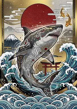 Japanese Shark Art with Mount Fuji