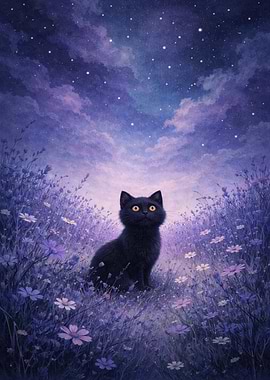 Black cat in a lavender field