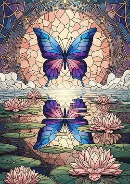 Butterfly and Water Lilies Stained Glass