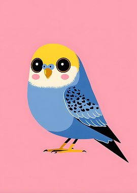 Cute Cartoon Budgie on Pink Background