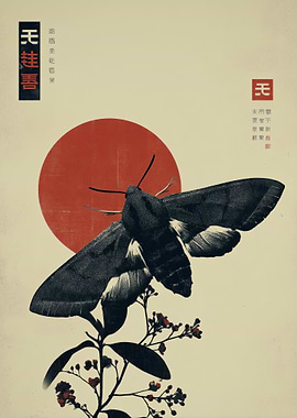 Moth and Red Sun Japanese Art
