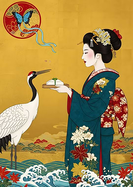 Japanese Geisha with Crane and Butterfly