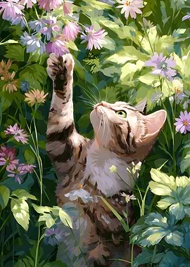 Cat Reaching for Flowers in Garden