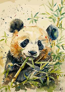 Panda eating bamboo watercolor painting