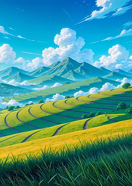 Lush Green Hills and Mountain Landscape