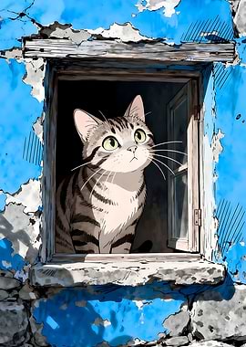 Cute Cat in a Blue Window