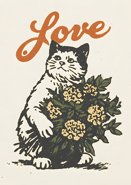 Cat with Flowers and Love Text