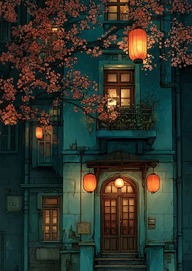 Japanese Building with Lanterns and Cherry Blossoms