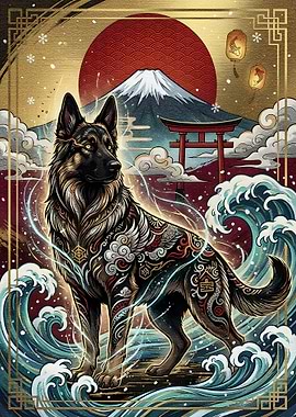German Shepherd in Japanese Landscape