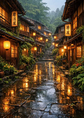 Rainy Japanese Street with Lanterns