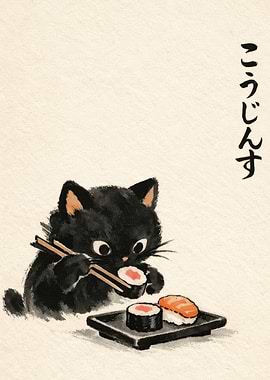 Black Cat Eating Sushi