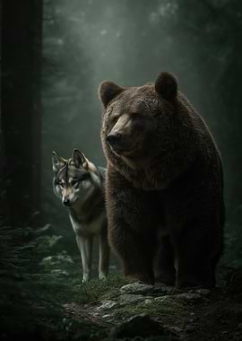 Bear and Wolf in Forest