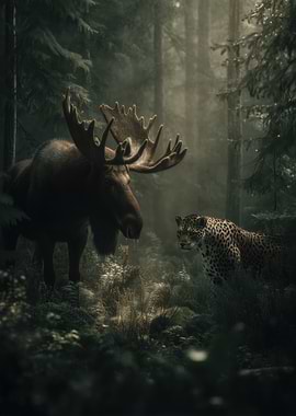 Moose and Jaguar in Forest