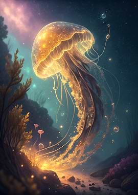 Glowing Jellyfish in Underwater Landscape