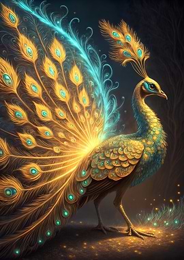 Elegant Peacock with Golden and Teal Feathers