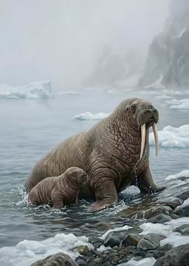 Walrus Mother and Pup on Shore
