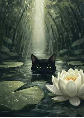 Black cat in pond with lily