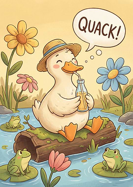 Duck Drinking Juice with Frogs