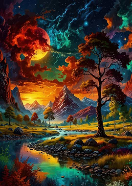 Vibrant Mountain Landscape with River