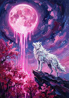 Majestic Crystalline Wolf under Dripping Pink Moon Impasto Art