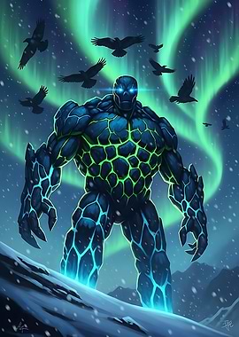 Stone Golem with Ravens and Aurora