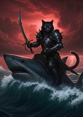Armored Cat Riding Shark in Storm
