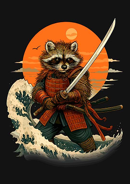 Raccoon Samurai Poster, Japanese Warrior Wall Art, Retro Asian Animal Illustration Print