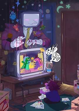 Cartoon TV Head and Child Drawing