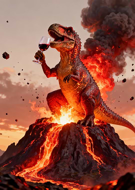 Dinosaur Drinking Wine on Volcano