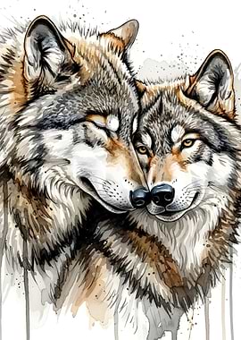 Watercolor Wolves in Affectionate Embrace
