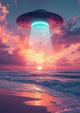 UFO over beach at sunset