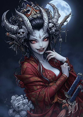 Demon Girl with Horns and Katana