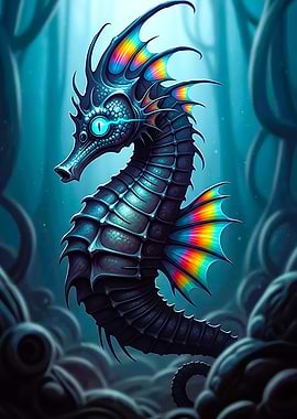 Rainbow Seahorse in Deep Blue Sea