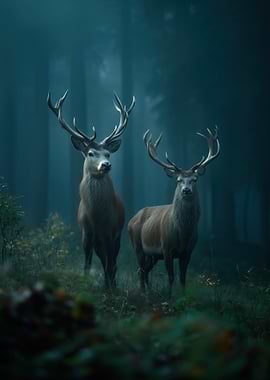 Two Stags in a Misty Forest