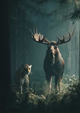 Moose and Leopard in Forest
