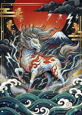 Kirins and Mount Fuji Digital Art