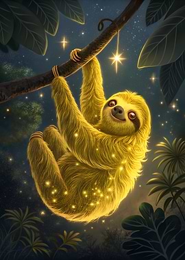 Glowing Sloth Hanging from Branch