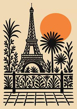 Eiffel Tower Illustration with Tropical Plants