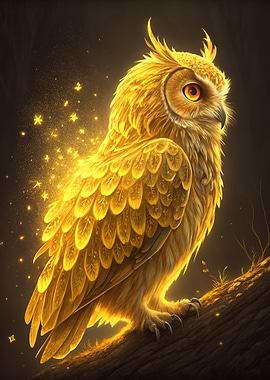 Golden Owl Perched on Branch