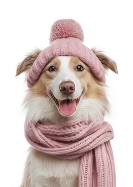 Cozy Collie Dog with Pink Hat and Scarf