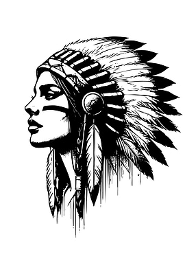 Native American Woman Headdress Black White