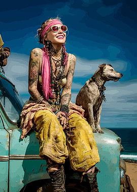 Bohemian Woman with Dog on Car